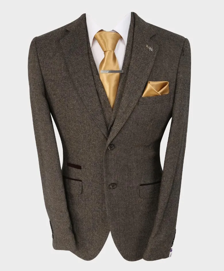 Men's Herringbone Tweed Slim Fit Suit Jacket - MARTEZ - Brown