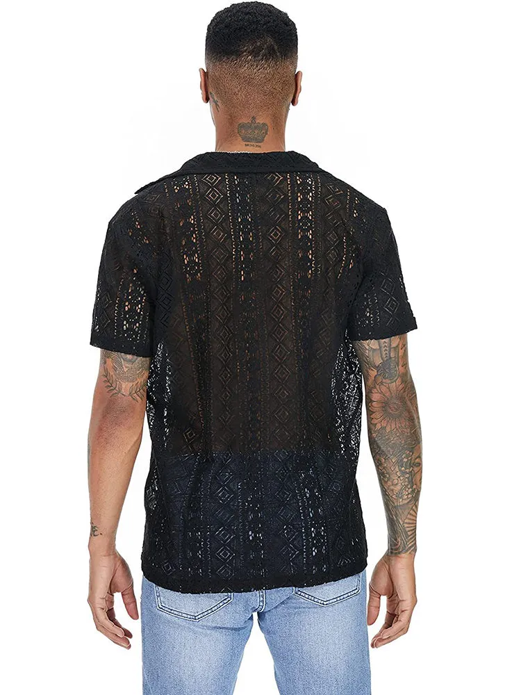 Mens Sexy Hollow Out Lace Shirt