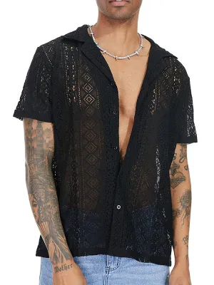 Mens Sexy Hollow Out Lace Shirt