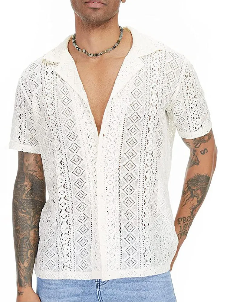 Mens Sexy Hollow Out Lace Shirt