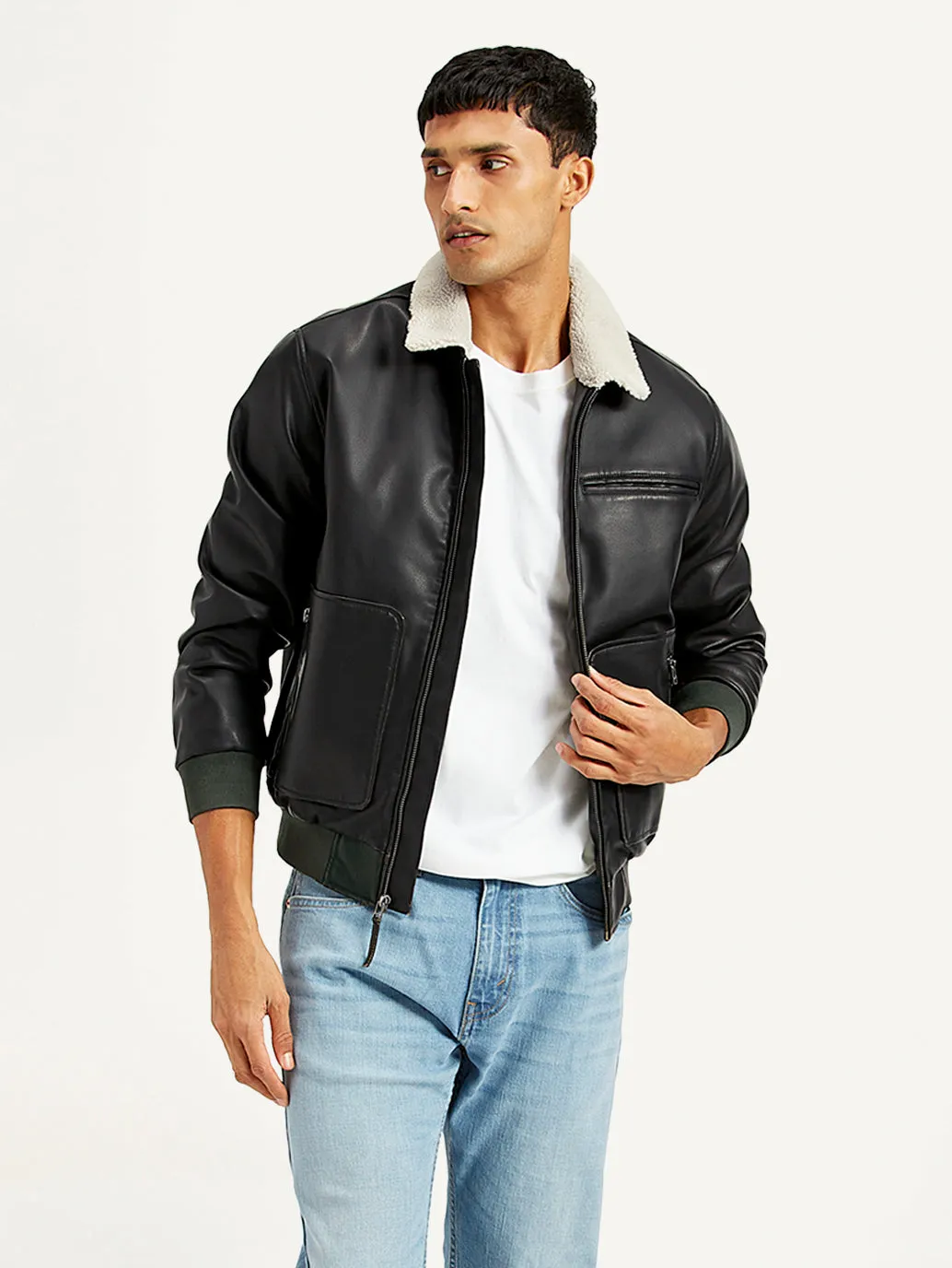 Men's Solid Black Spread Collar Leather Jacket