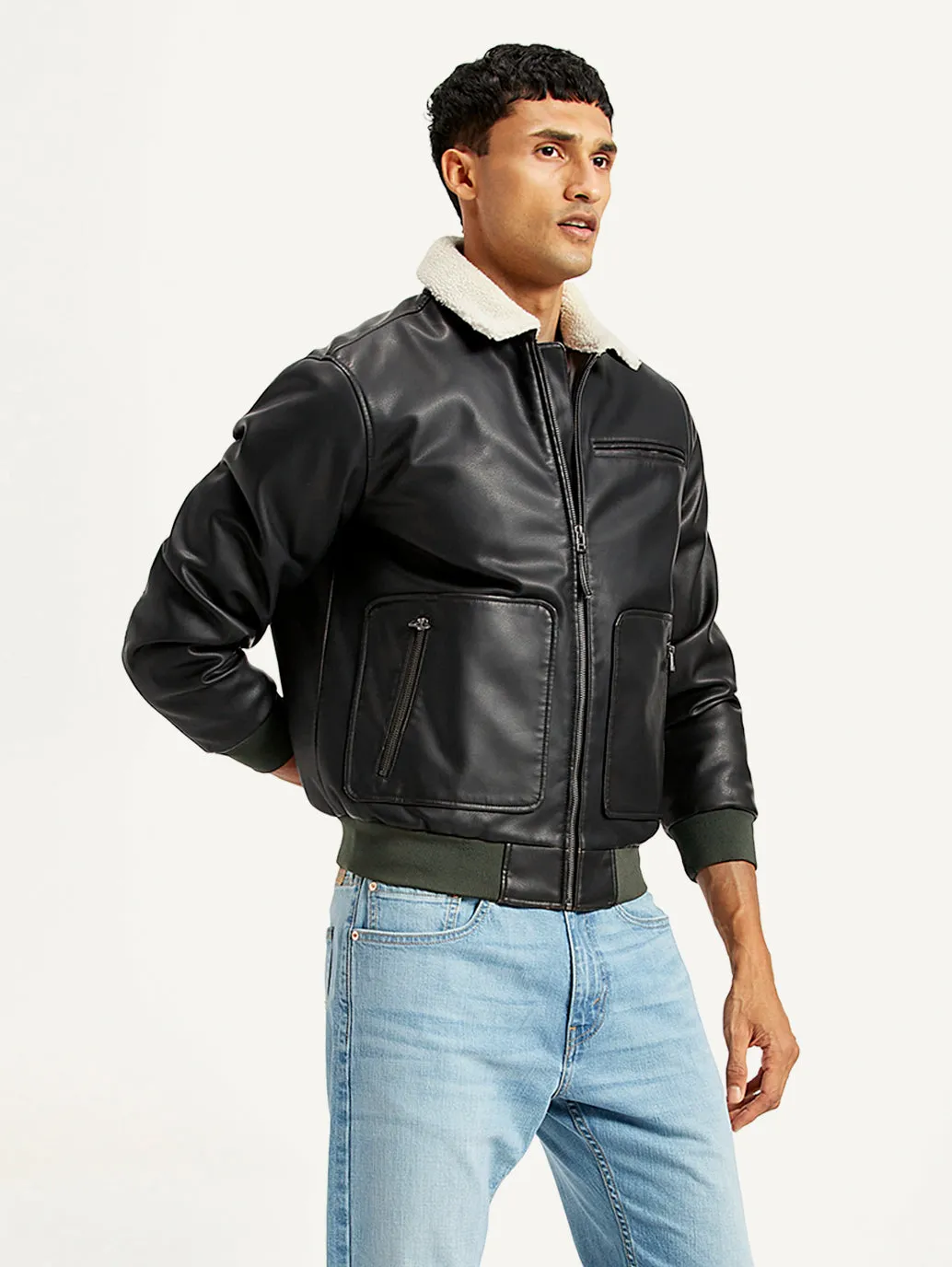 Men's Solid Black Spread Collar Leather Jacket