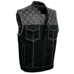 Milwaukee Leather MDM3035 Men's 'Wrecker' Black Denim and Leather Club Style Vest w/ Diamond Quilt Design