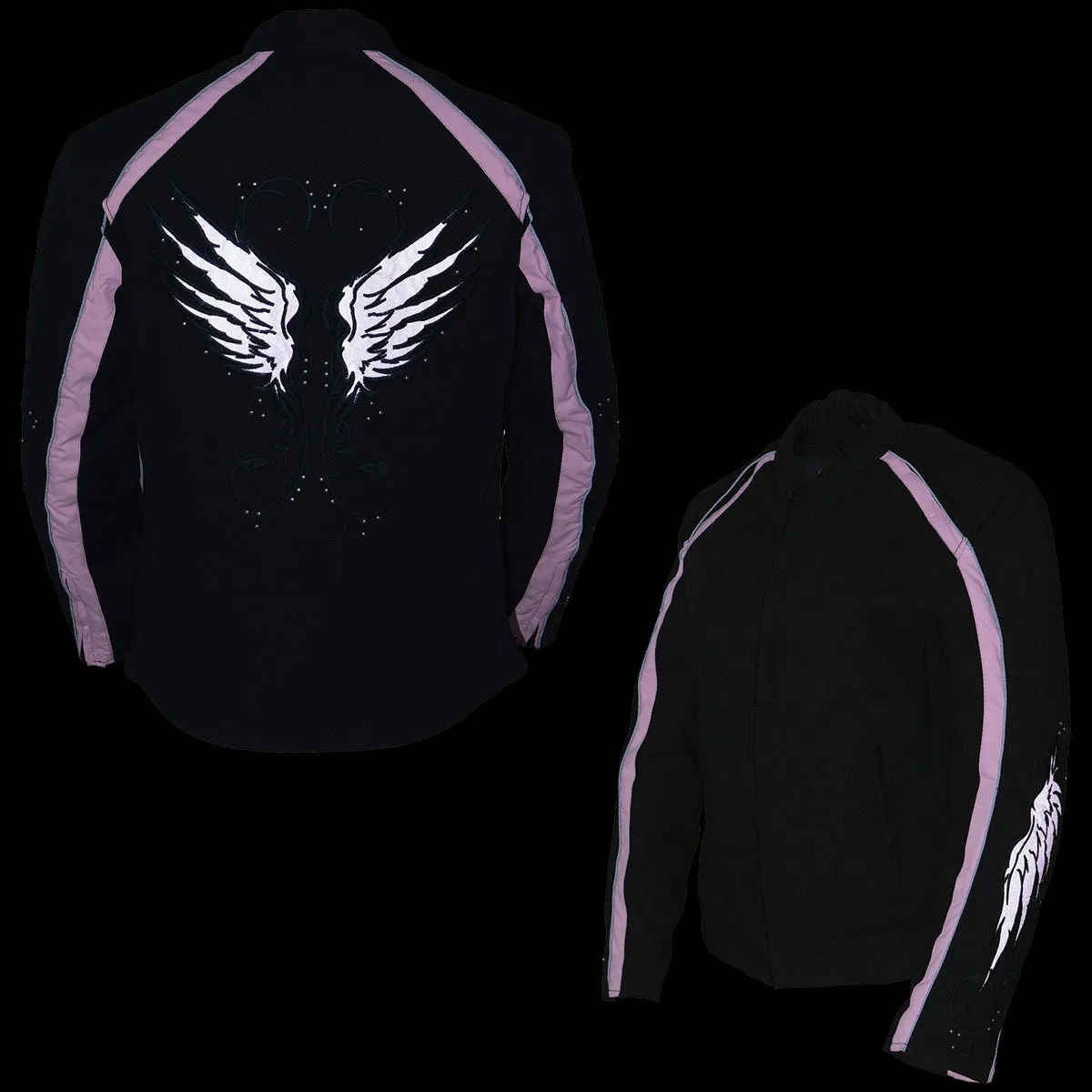 Milwaukee Leather SH1954 Women's Black and Pink Textile Jacket with Stud and Wings Detailing