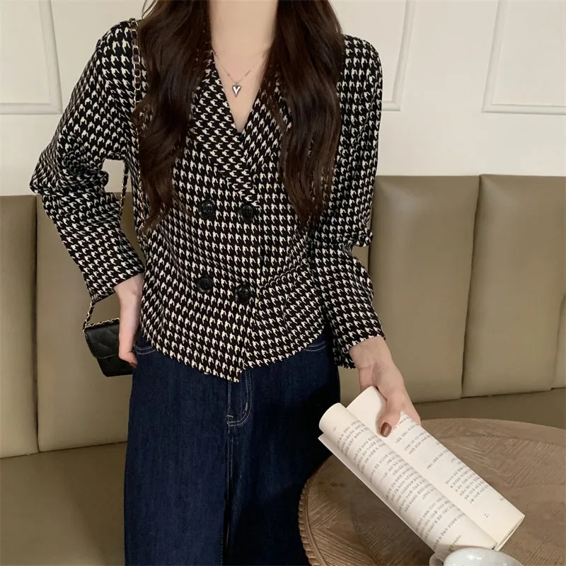 Notched Plaid Pattern Blazers Jacket