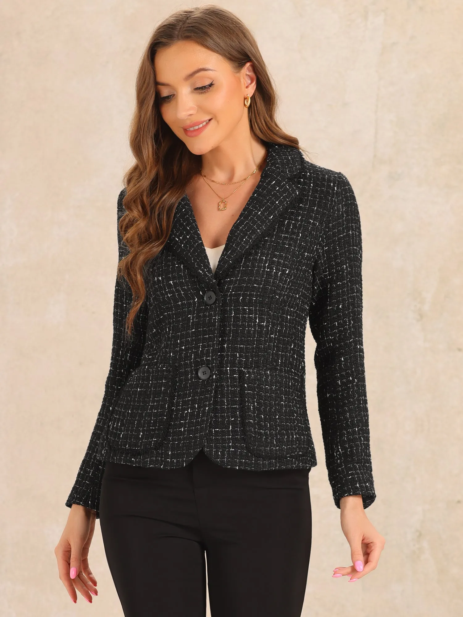 Plaid Tweed Notched Lapel Button Long Sleeve Blazer Jackets