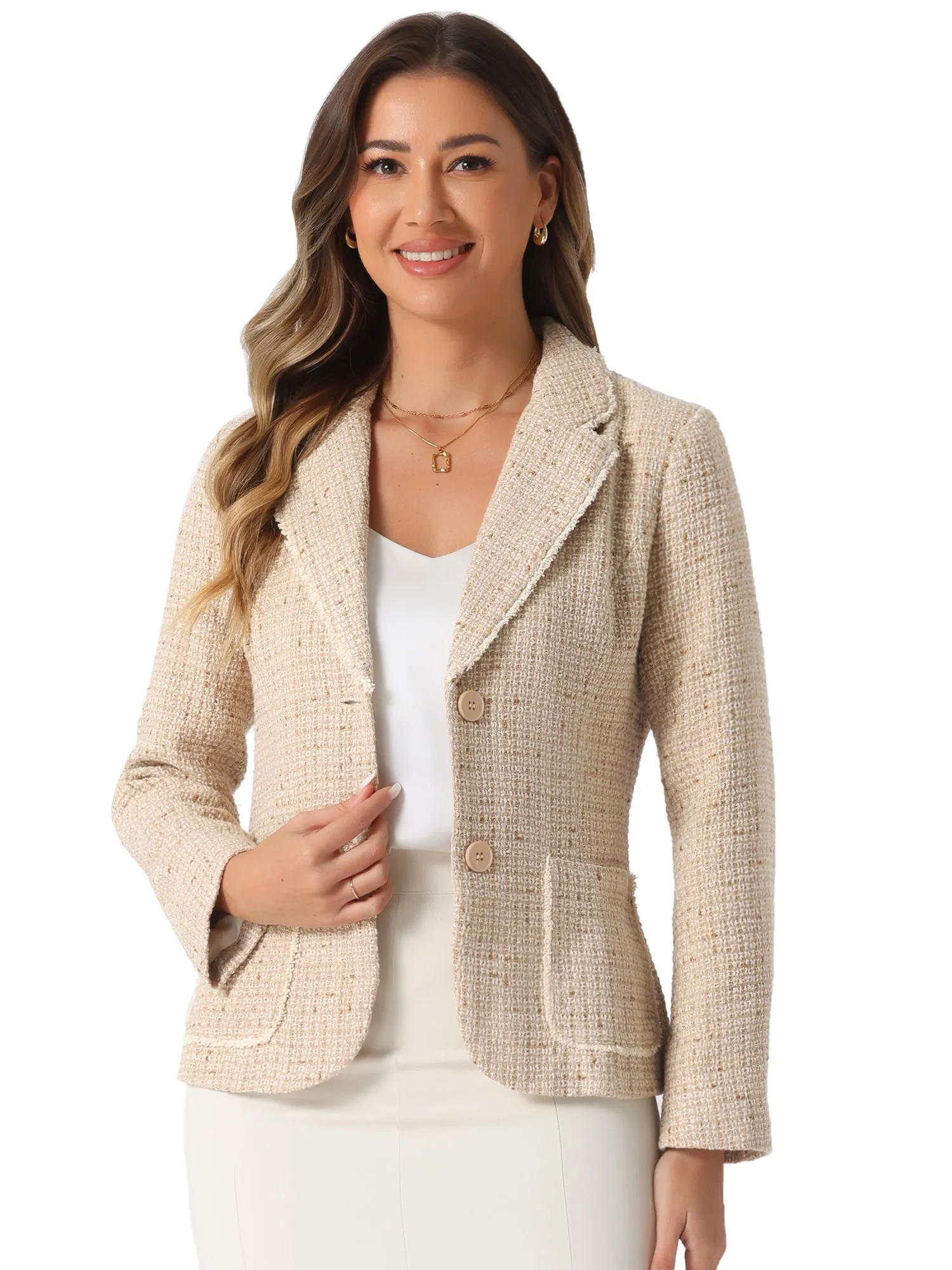 Plaid Tweed Notched Lapel Button Long Sleeve Blazer Jackets