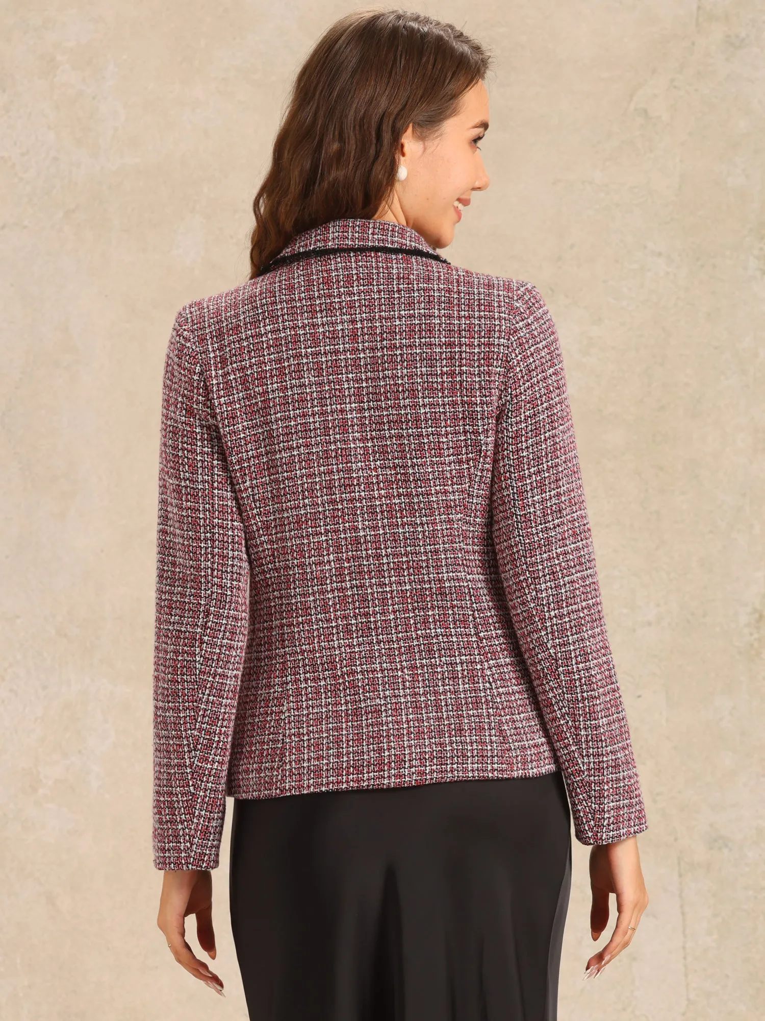 Plaid Tweed Notched Lapel Button Long Sleeve Blazer Jackets