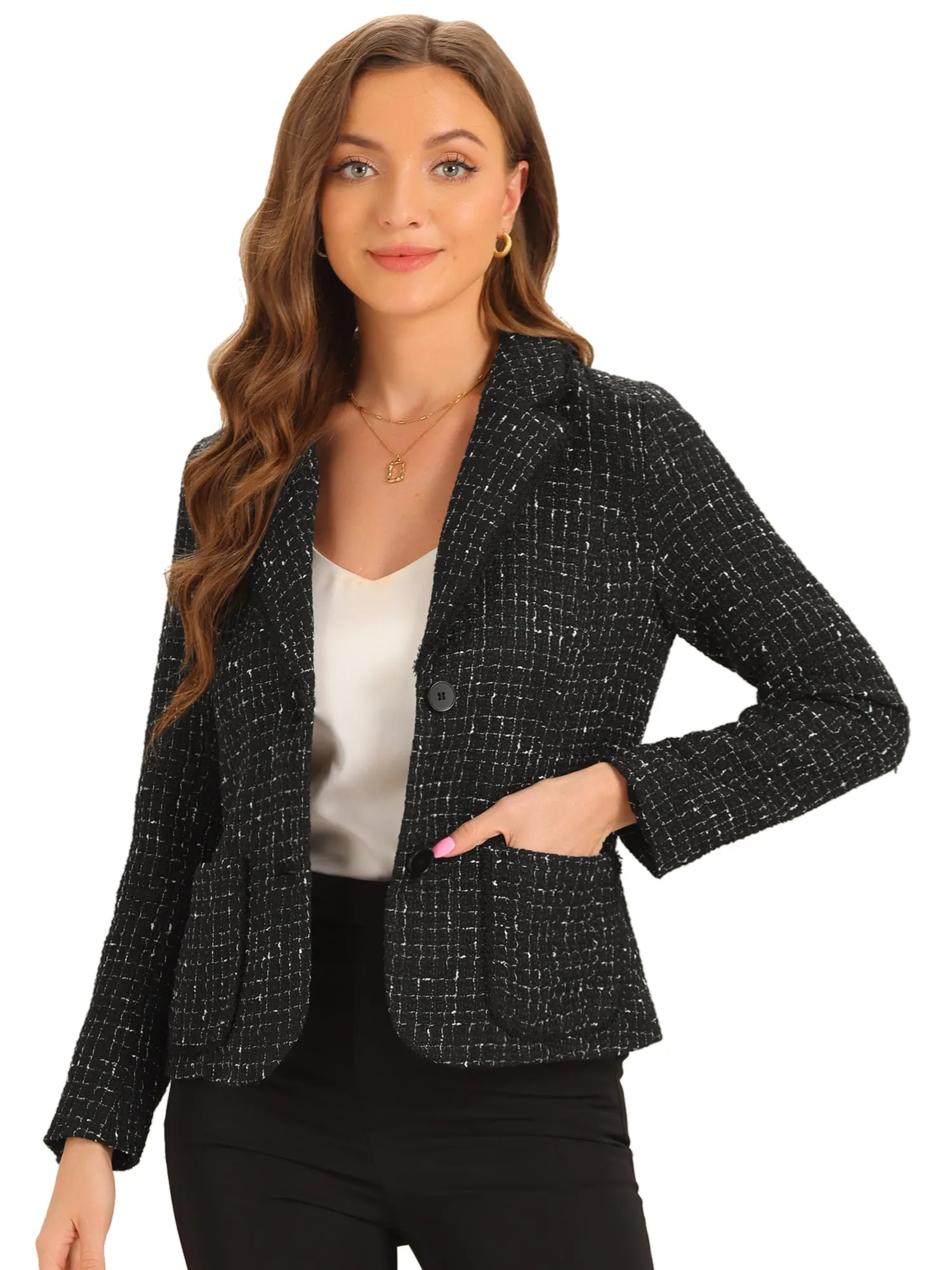 Plaid Tweed Notched Lapel Button Long Sleeve Blazer Jackets