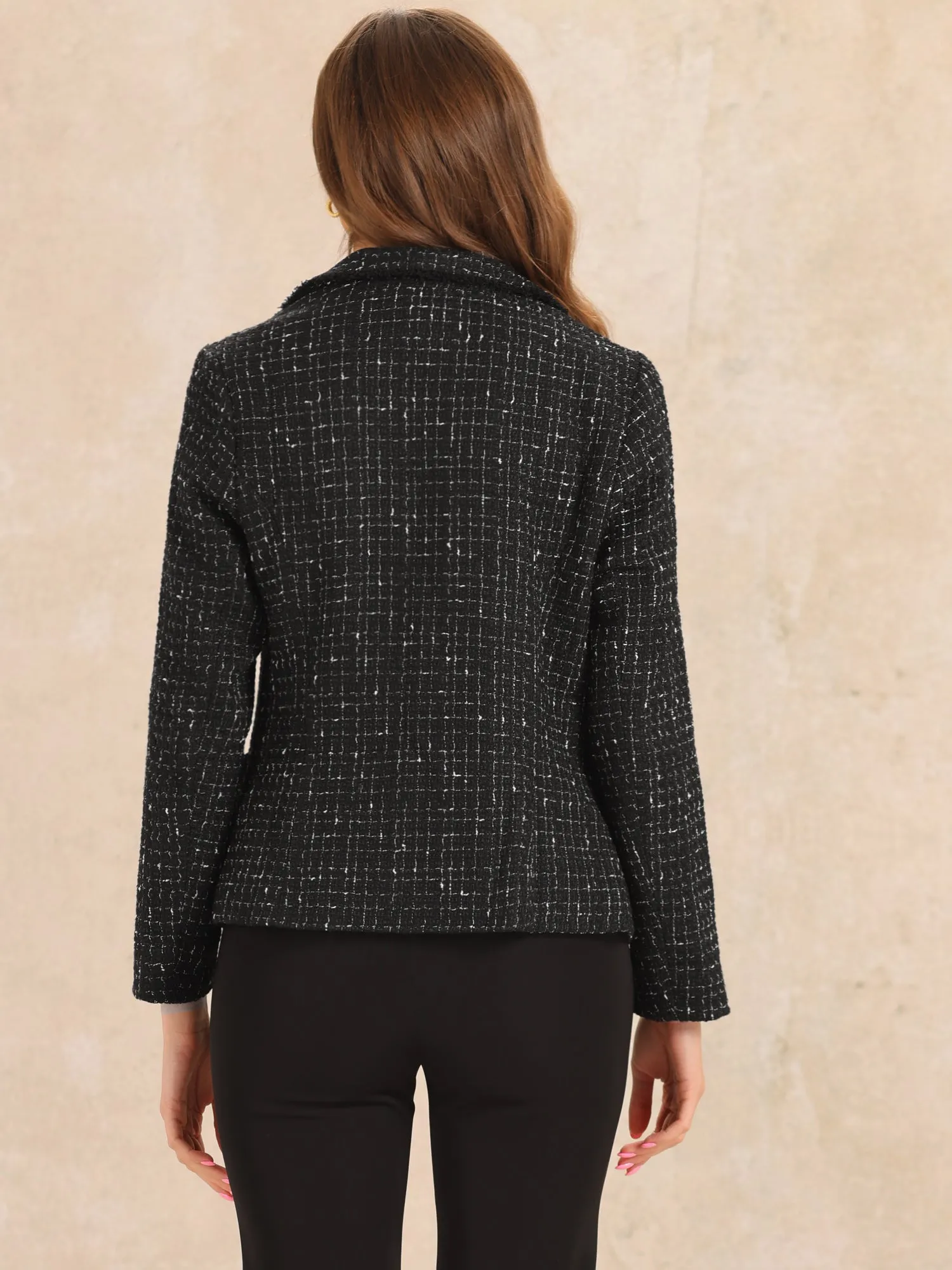 Plaid Tweed Notched Lapel Button Long Sleeve Blazer Jackets