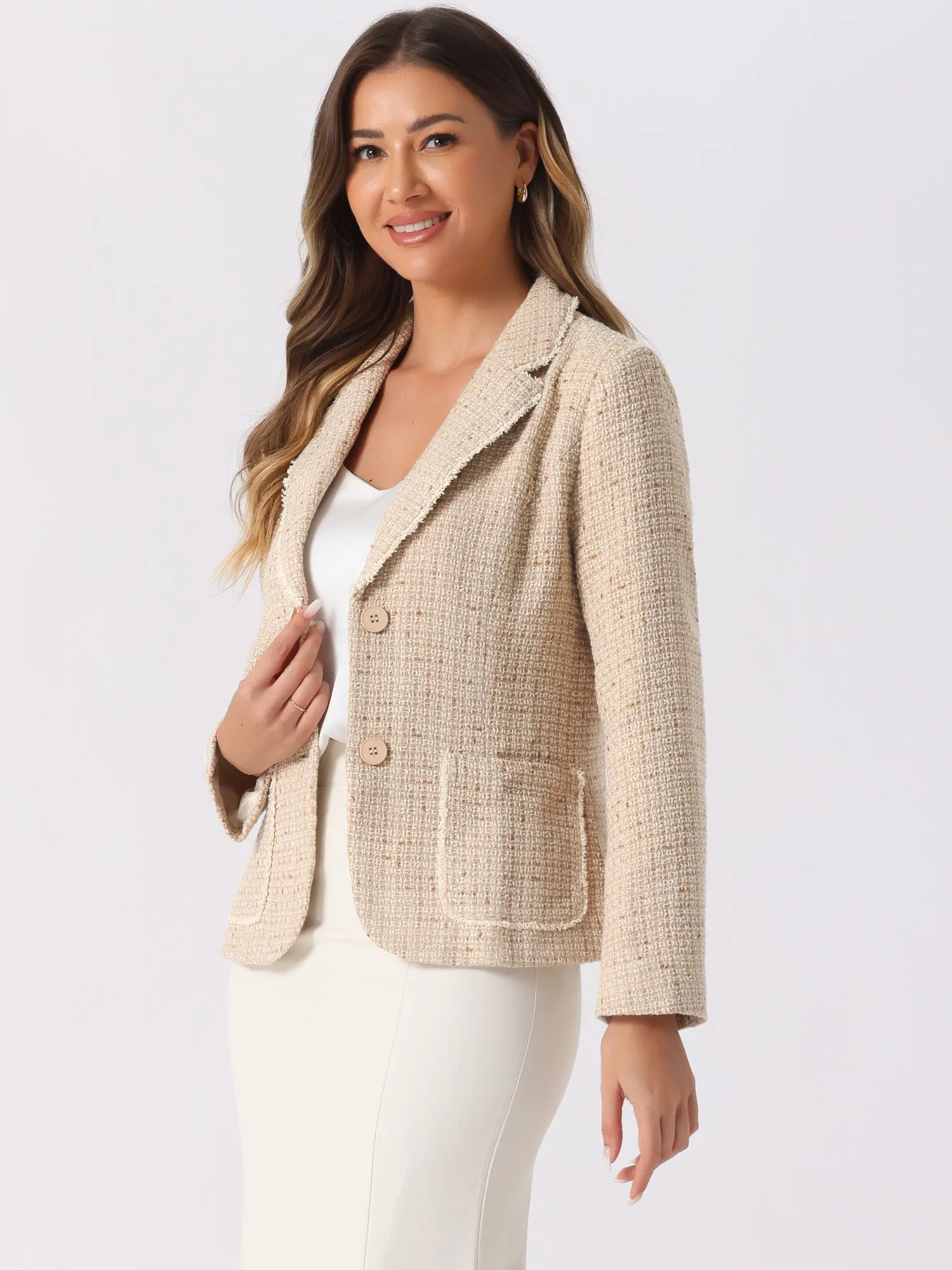 Plaid Tweed Notched Lapel Button Long Sleeve Blazer Jackets