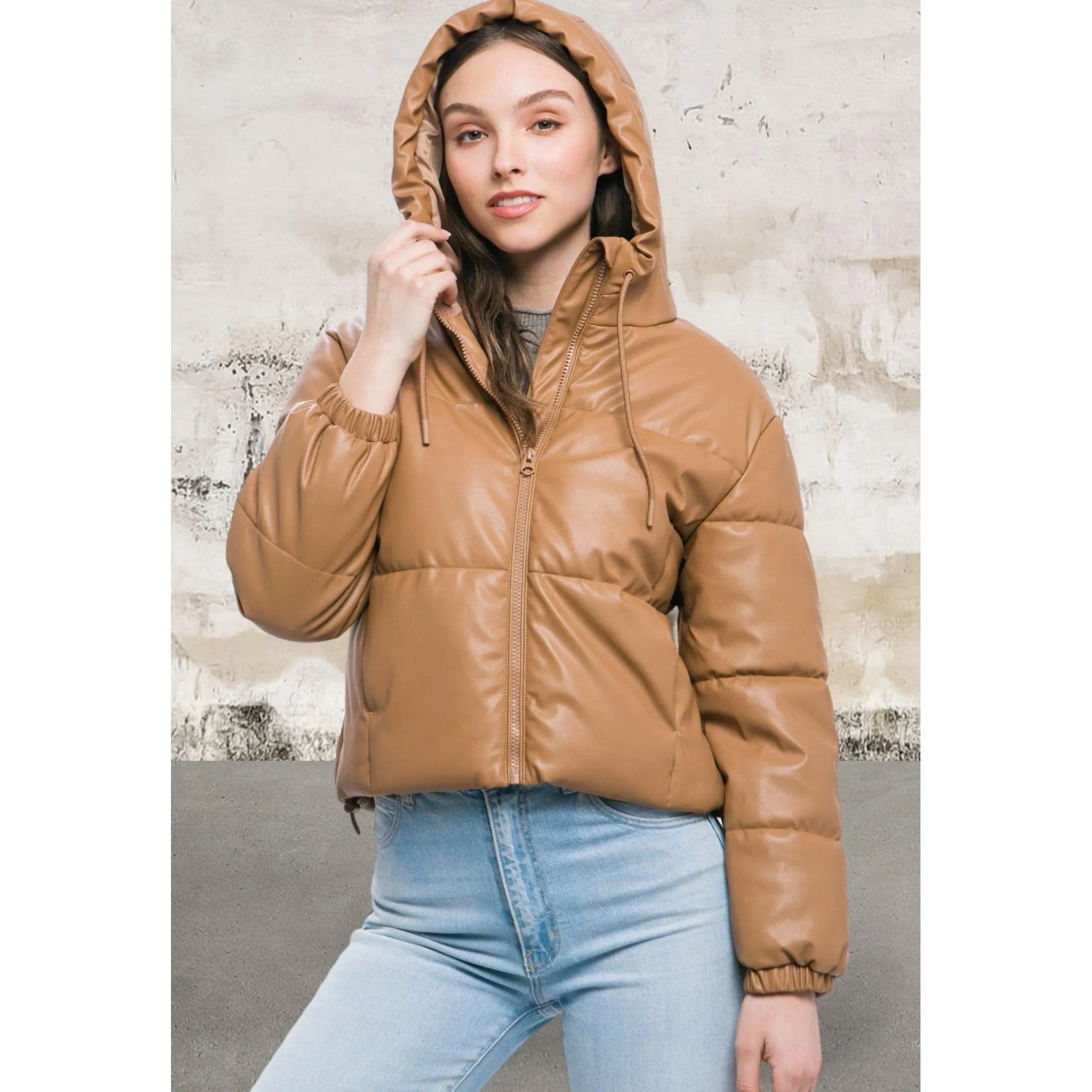 Pu Faux Leather Zipper Hooded Puffer Camel Jacket