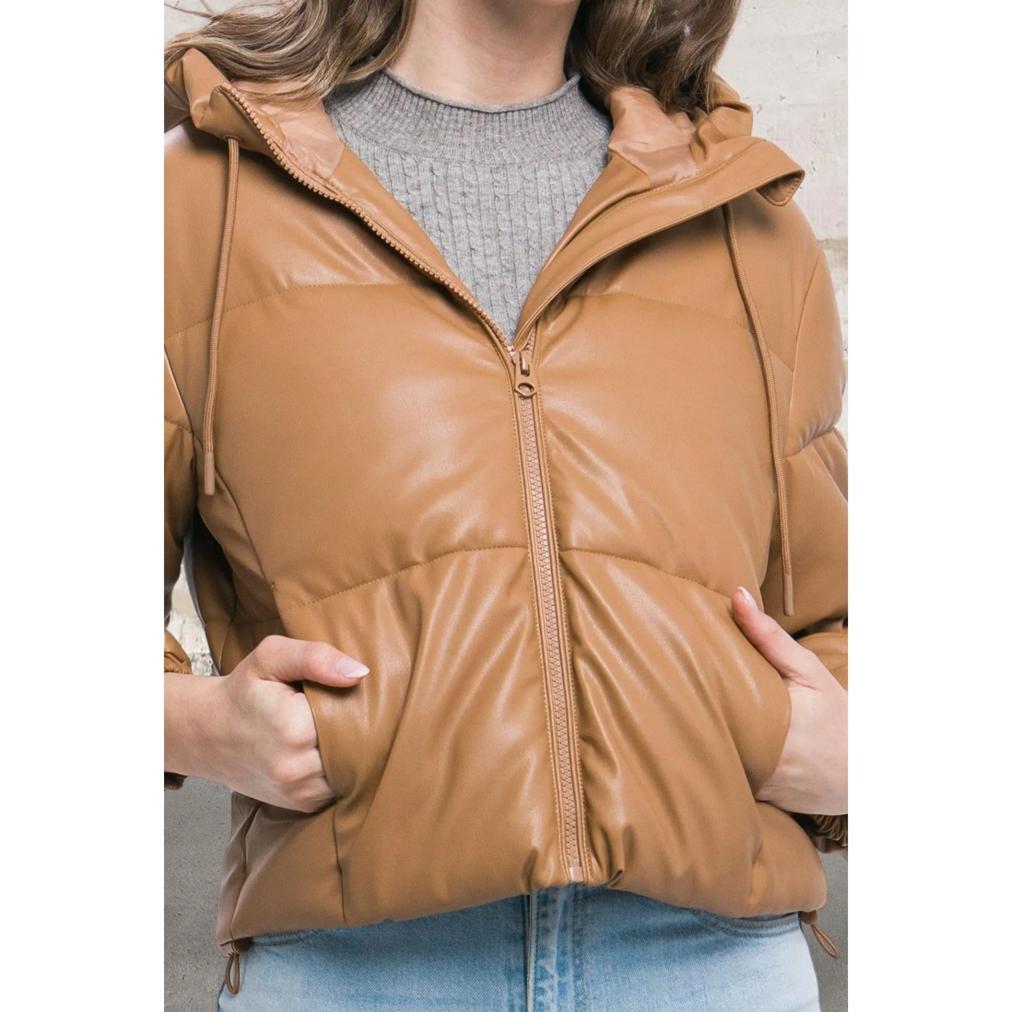 Pu Faux Leather Zipper Hooded Puffer Camel Jacket