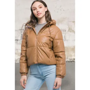 Pu Faux Leather Zipper Hooded Puffer Camel Jacket