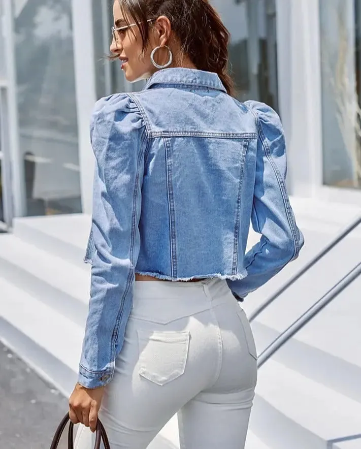 Puff Long Sleeve Crop Denim Jacket