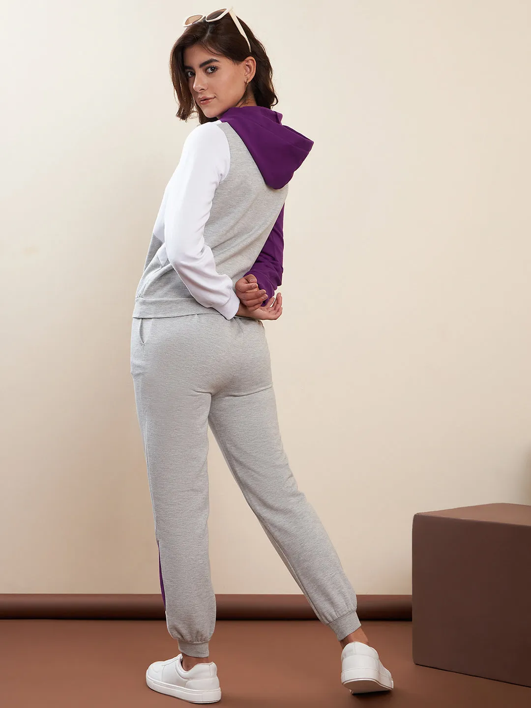 Purple & Grey Fleece Color Blocked Tracksuit Set