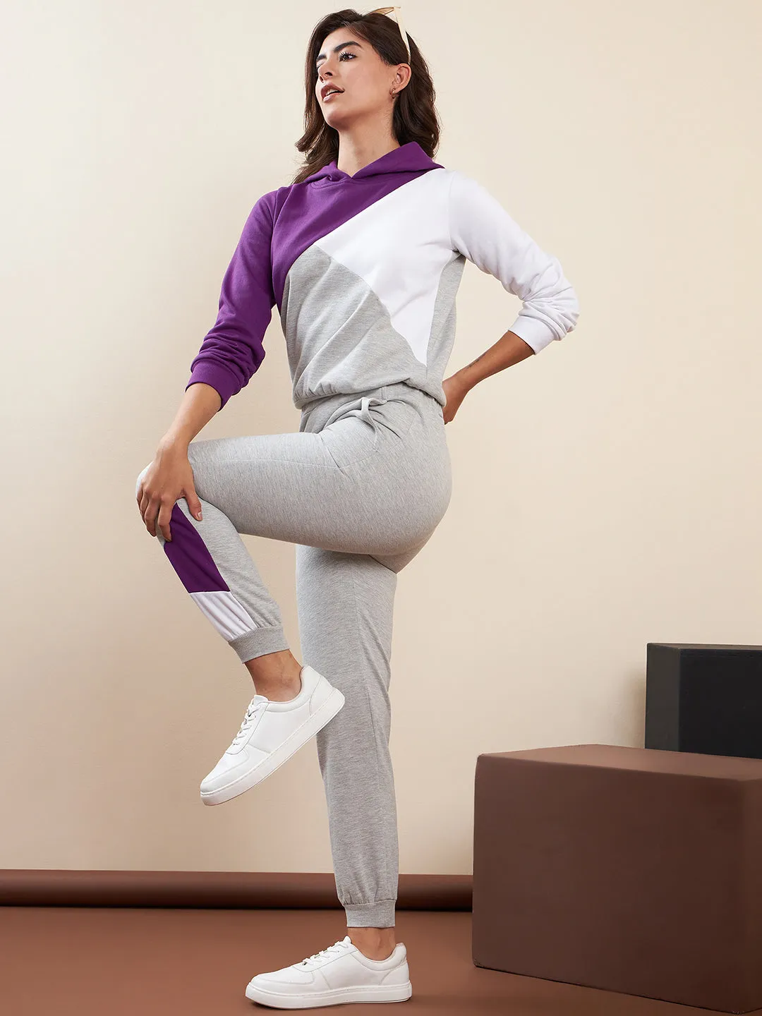 Purple & Grey Fleece Color Blocked Tracksuit Set