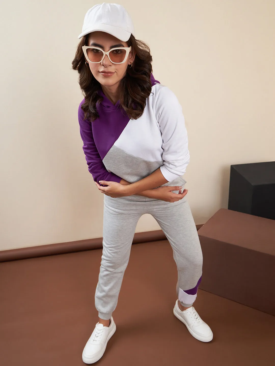 Purple & Grey Fleece Color Blocked Tracksuit Set