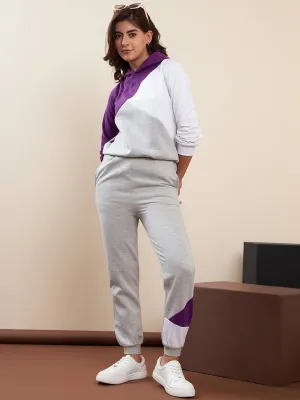 Purple & Grey Fleece Color Blocked Tracksuit Set