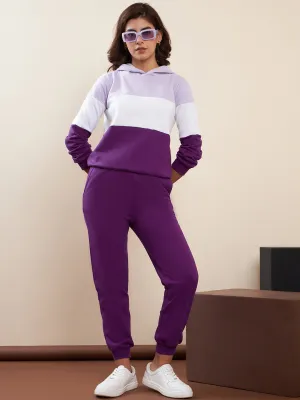 Purple & White Fleece Blocked Hooded Tracksuit Set