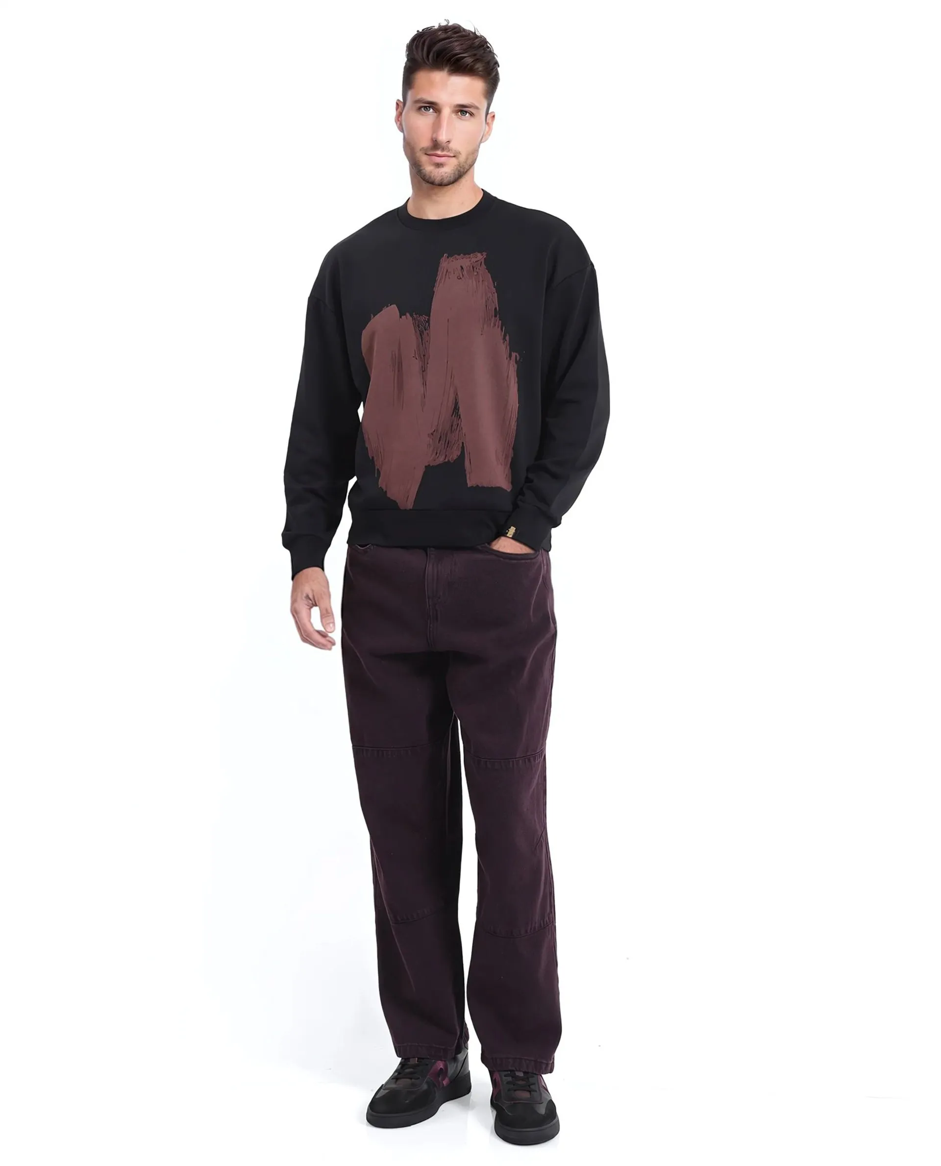 Rare Rabbit Men Bade Black Cotton Polyester Fabric Full Sleeve Crew Neck Boxy Fit Printed Sweatshirt