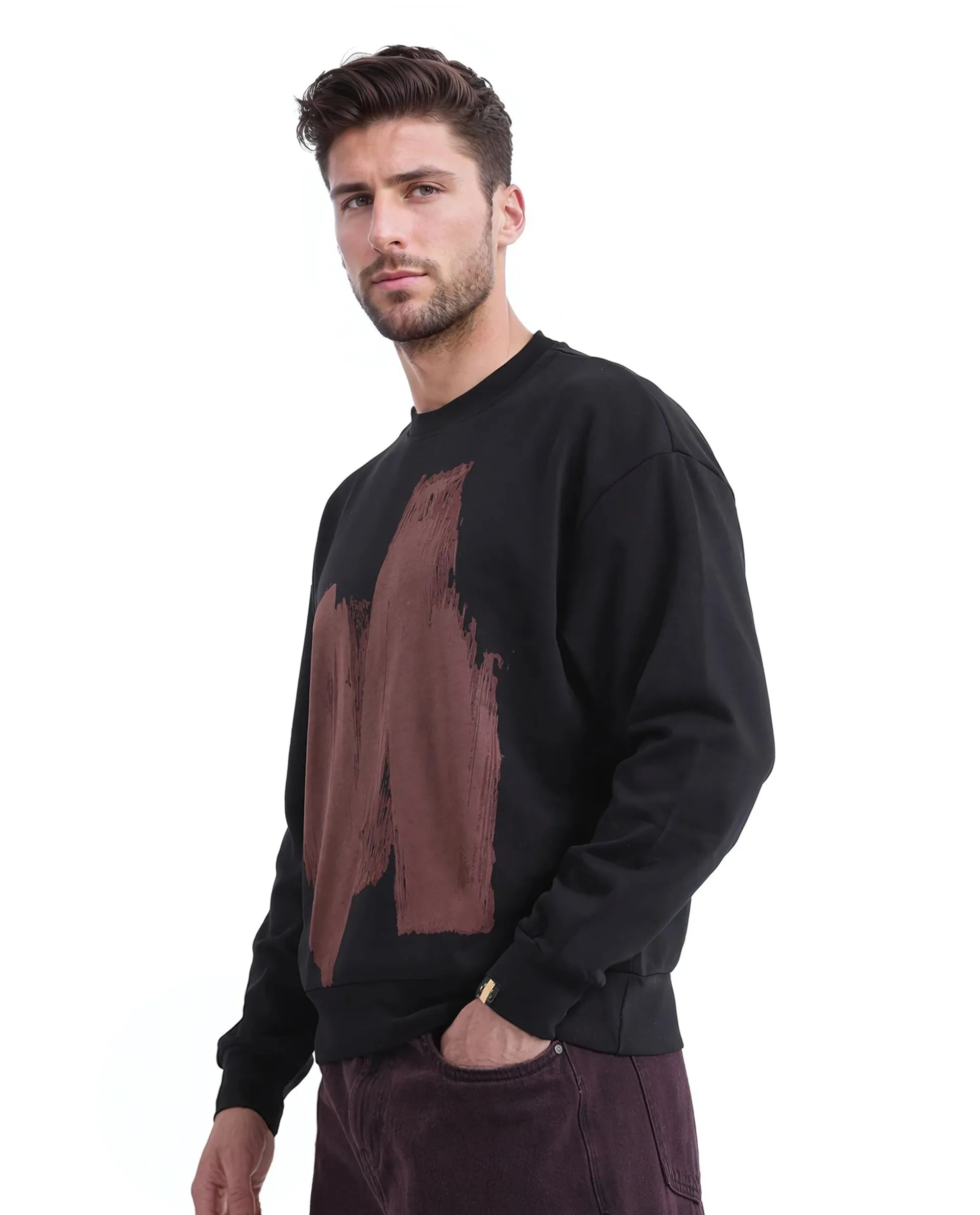 Rare Rabbit Men Bade Black Cotton Polyester Fabric Full Sleeve Crew Neck Boxy Fit Printed Sweatshirt