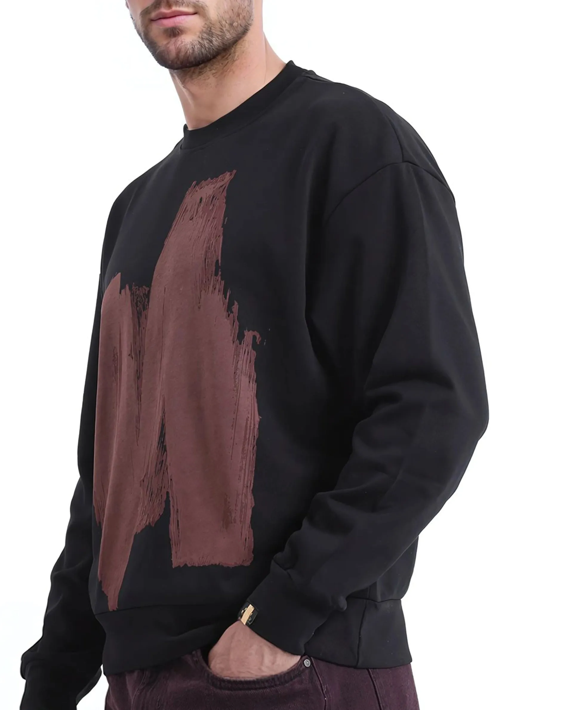 Rare Rabbit Men Bade Black Cotton Polyester Fabric Full Sleeve Crew Neck Boxy Fit Printed Sweatshirt