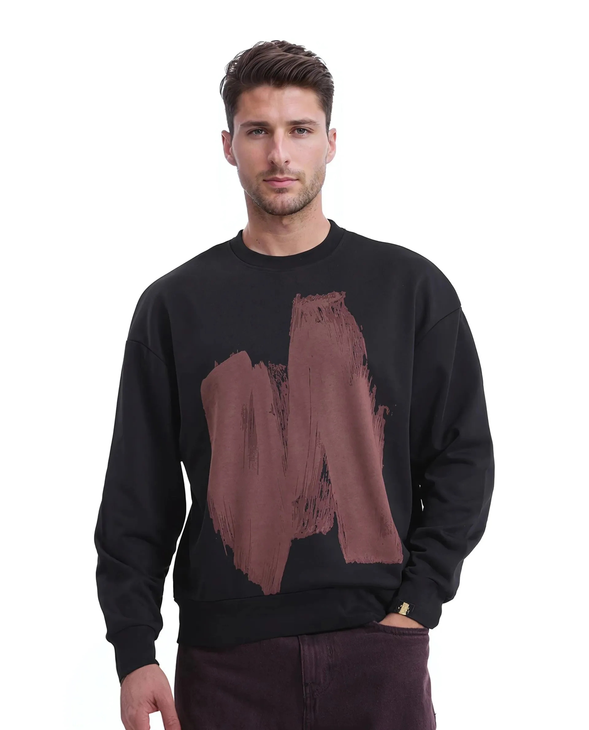 Rare Rabbit Men Bade Black Cotton Polyester Fabric Full Sleeve Crew Neck Boxy Fit Printed Sweatshirt