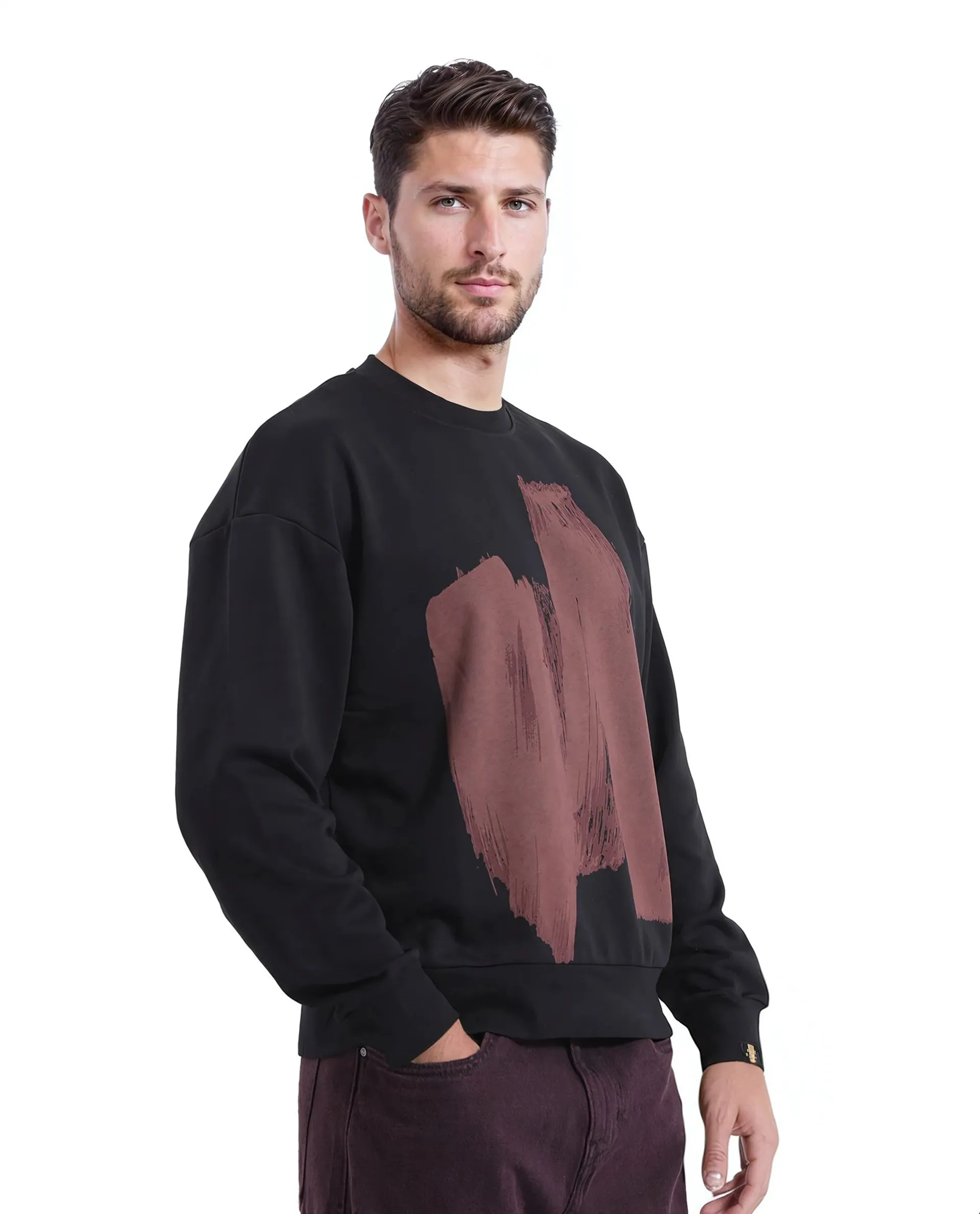 Rare Rabbit Men Bade Black Cotton Polyester Fabric Full Sleeve Crew Neck Boxy Fit Printed Sweatshirt