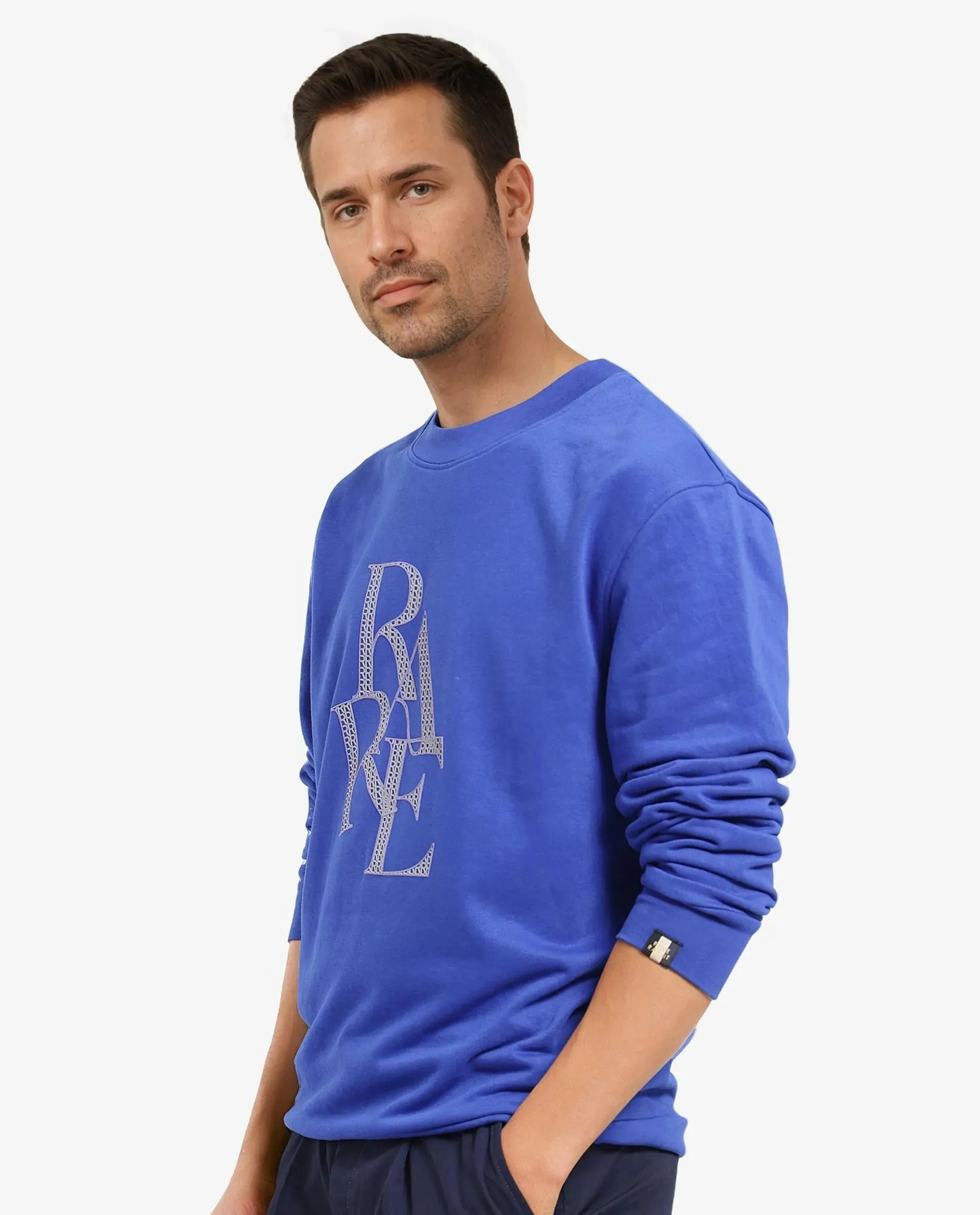 Rare Rabbit Men's Calixer Blue Cotton Blend Fabric Full Sleeve Crew Neck HD Print Branding Sweatshirt