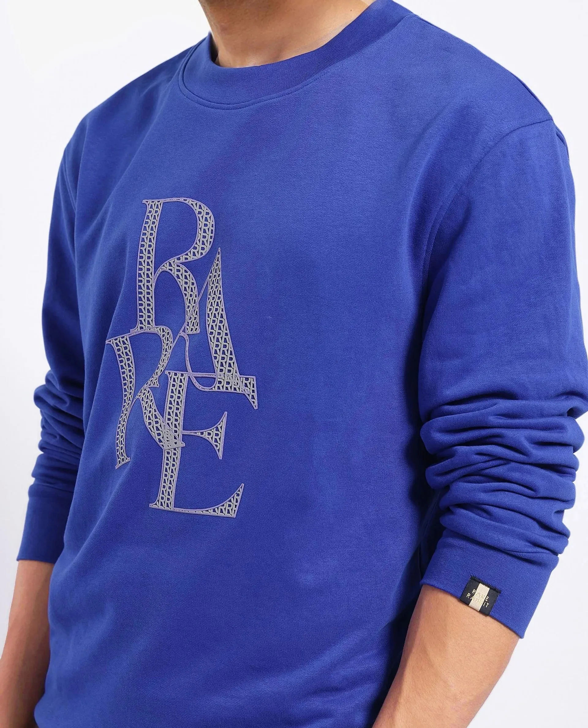 Rare Rabbit Men's Calixer Blue Cotton Blend Fabric Full Sleeve Crew Neck HD Print Branding Sweatshirt