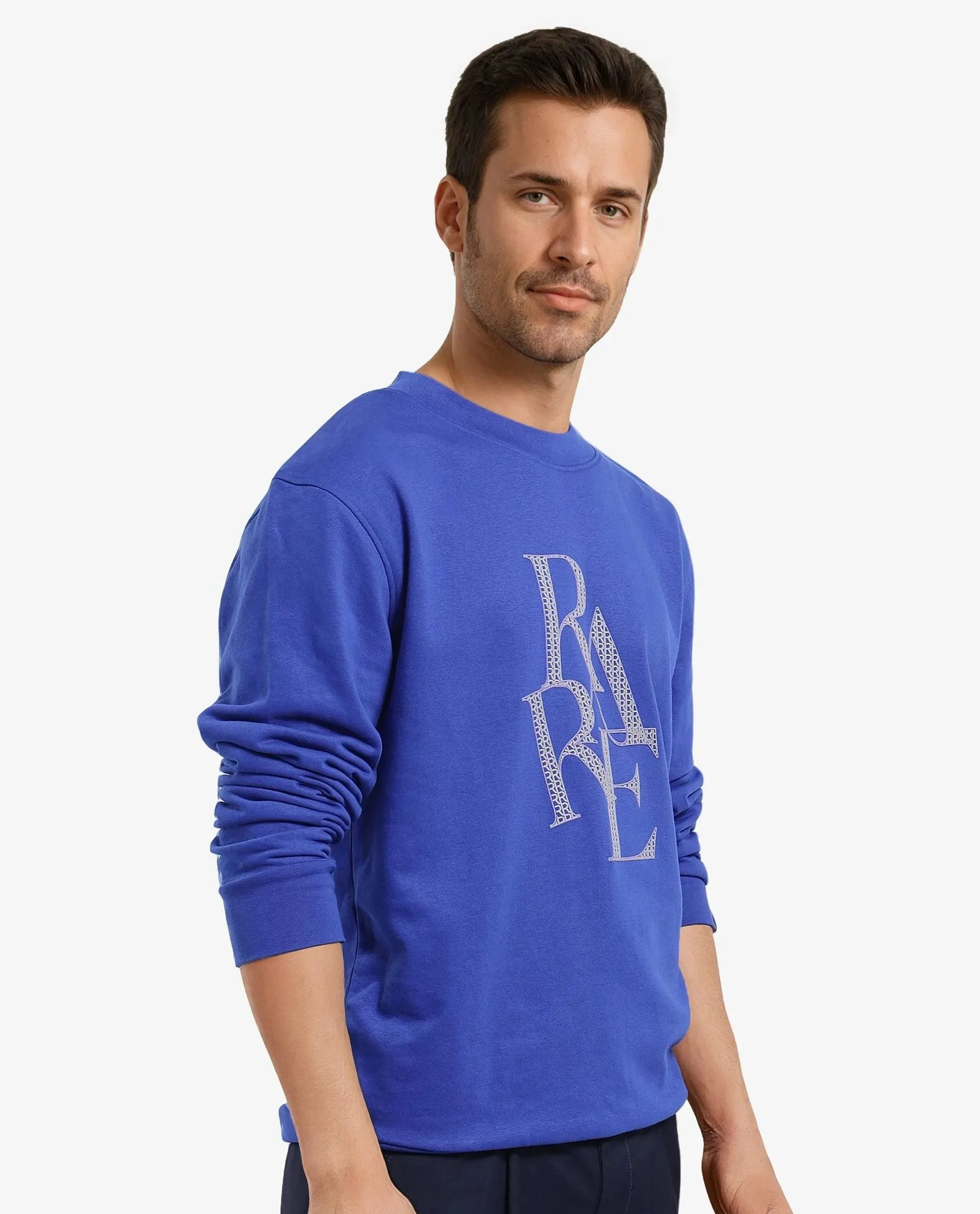 Rare Rabbit Men's Calixer Blue Cotton Blend Fabric Full Sleeve Crew Neck HD Print Branding Sweatshirt