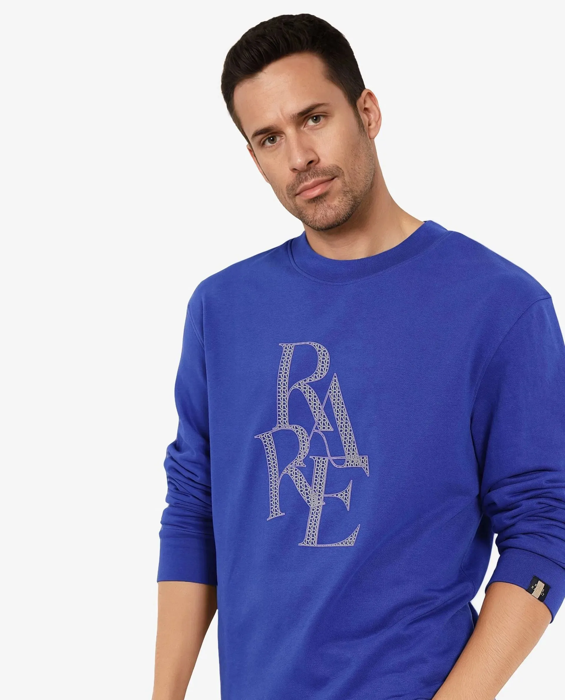 Rare Rabbit Men's Calixer Blue Cotton Blend Fabric Full Sleeve Crew Neck HD Print Branding Sweatshirt