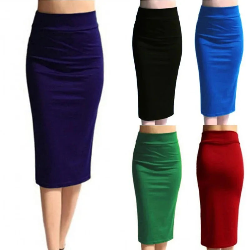 Skinny Pencil Skirt Women High Waist Mid-Calf Bodycon Fashion