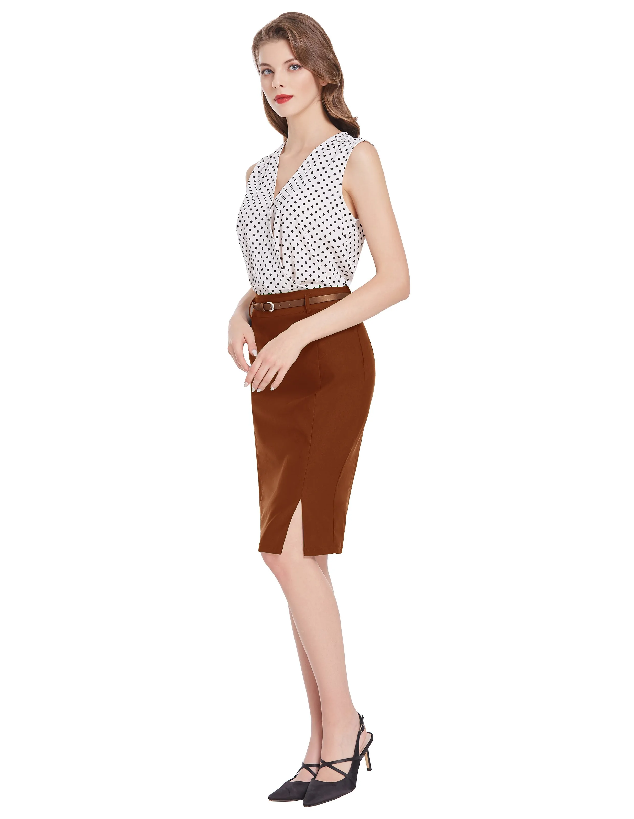 Solid Color Slim Belt Bodycon Pencil SkirtKnee Length Skirt