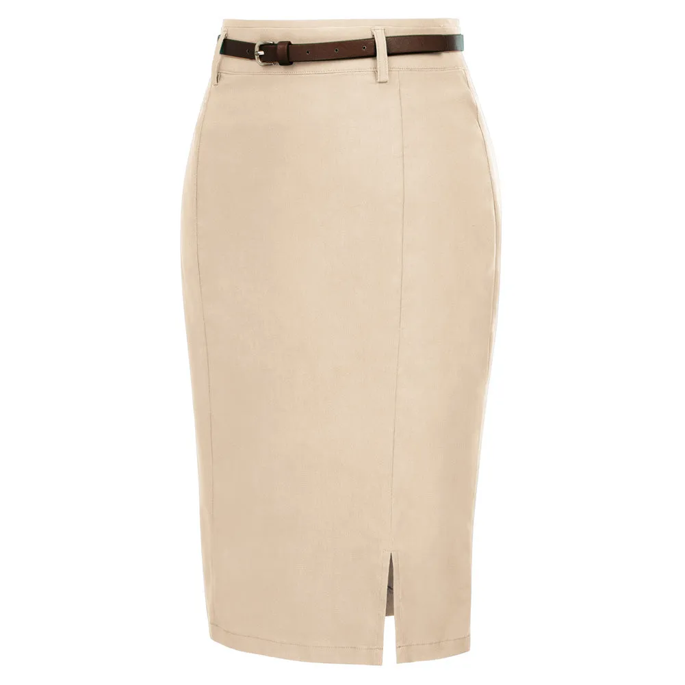 Solid Color Slim Belt Bodycon Pencil SkirtKnee Length Skirt