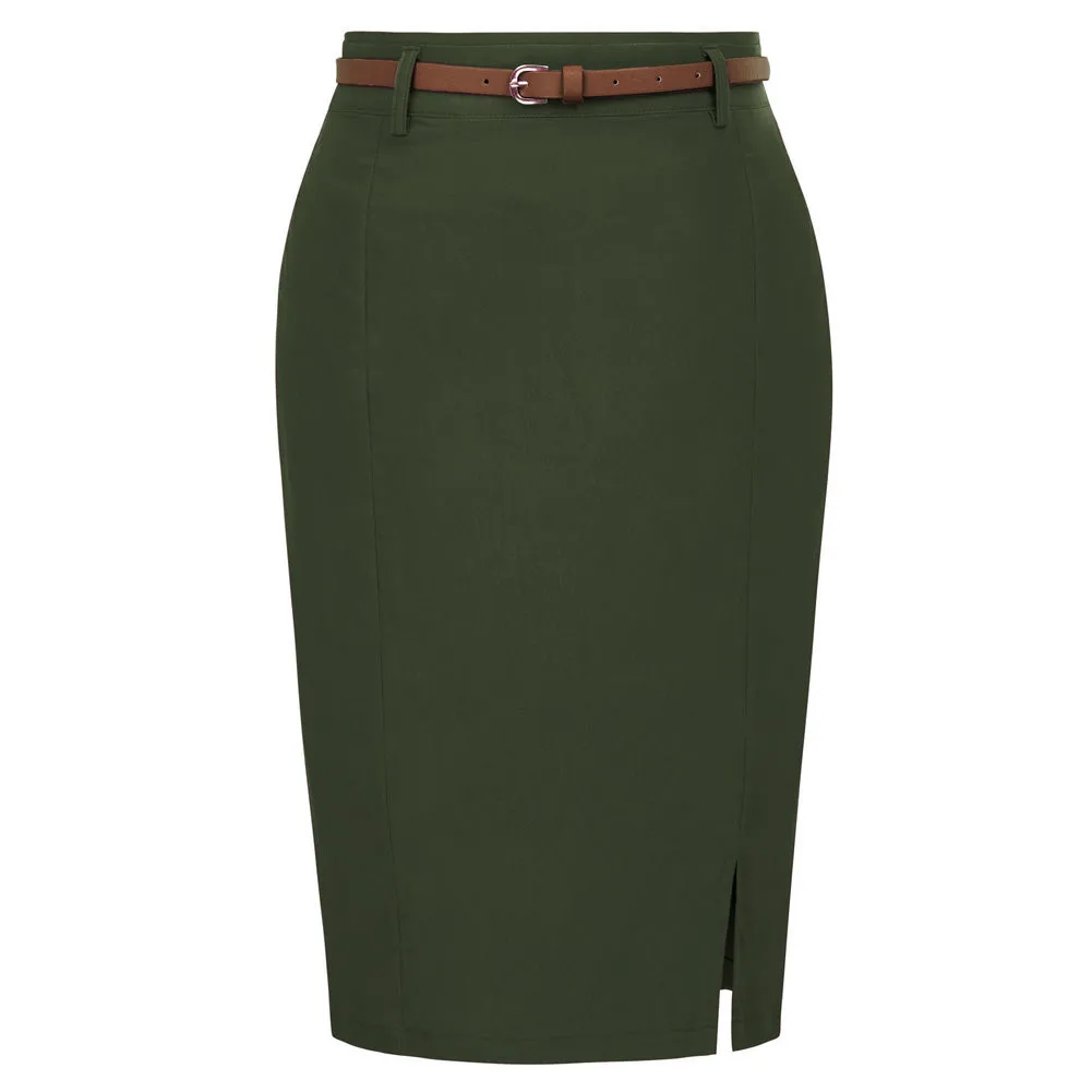 Solid Color Slim Belt Bodycon Pencil SkirtKnee Length Skirt