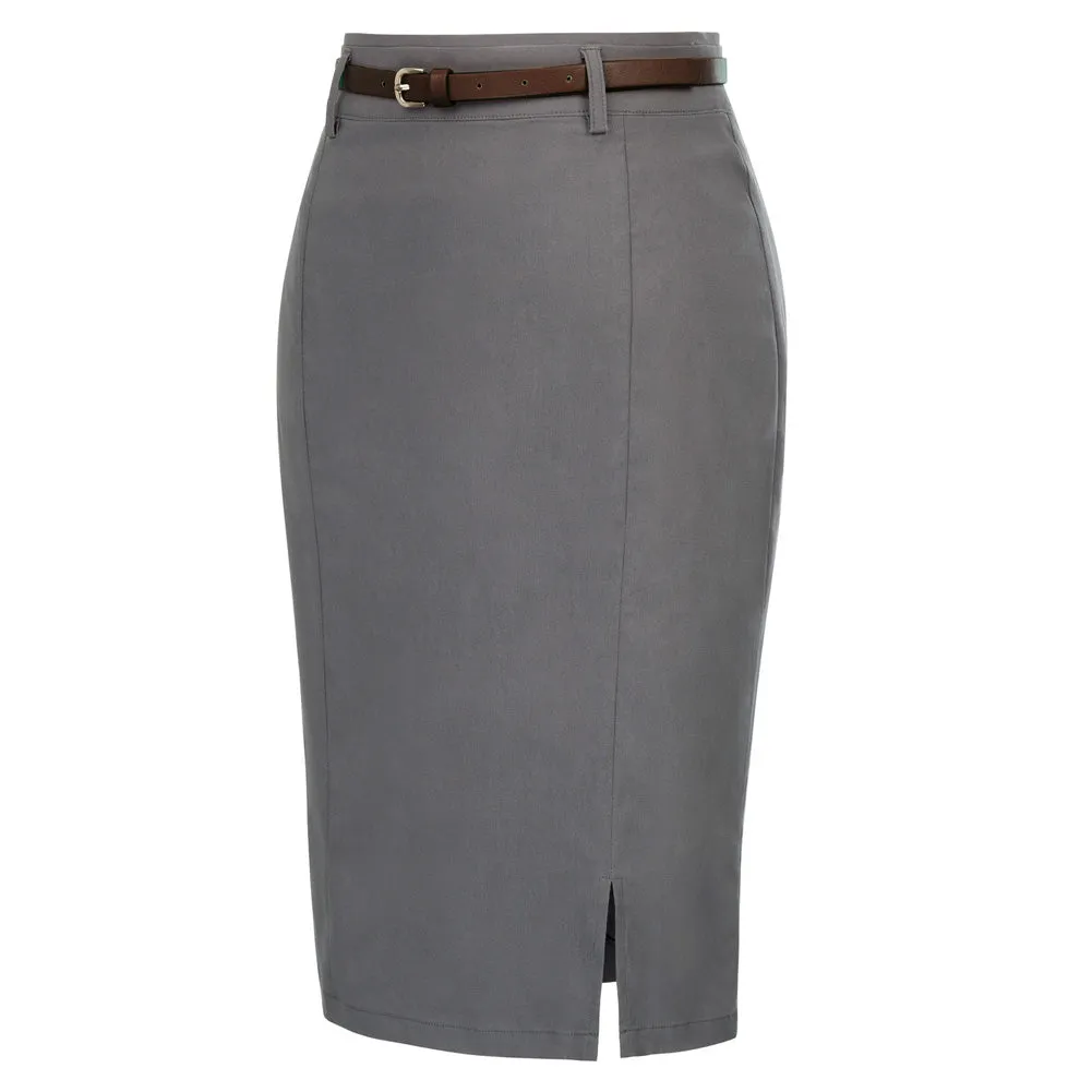 Solid Color Slim Belt Bodycon Pencil SkirtKnee Length Skirt