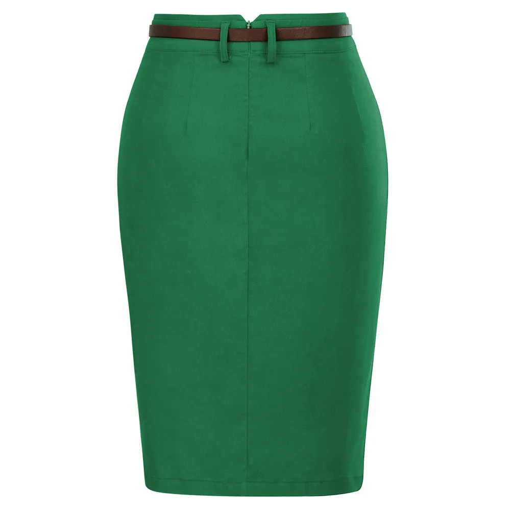 Solid Color Slim Belt Bodycon Pencil SkirtKnee Length Skirt