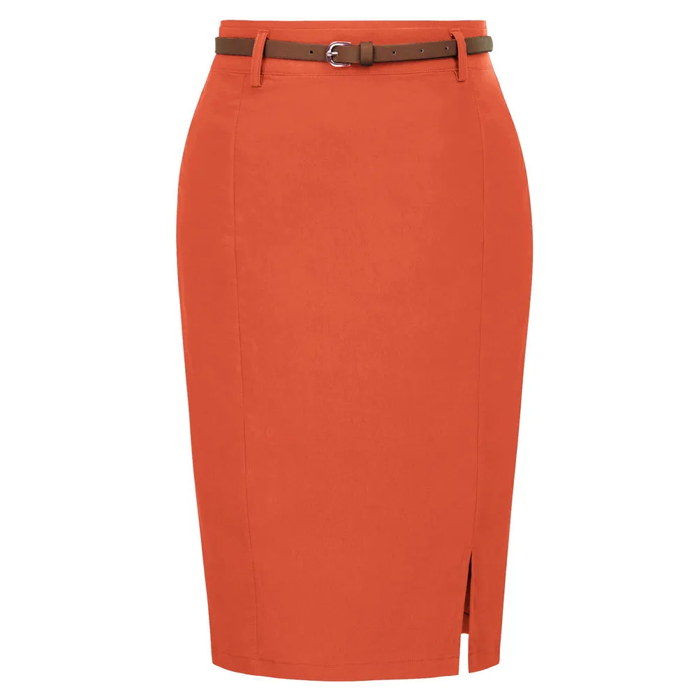 Solid Color Slim Belt Bodycon Pencil SkirtKnee Length Skirt