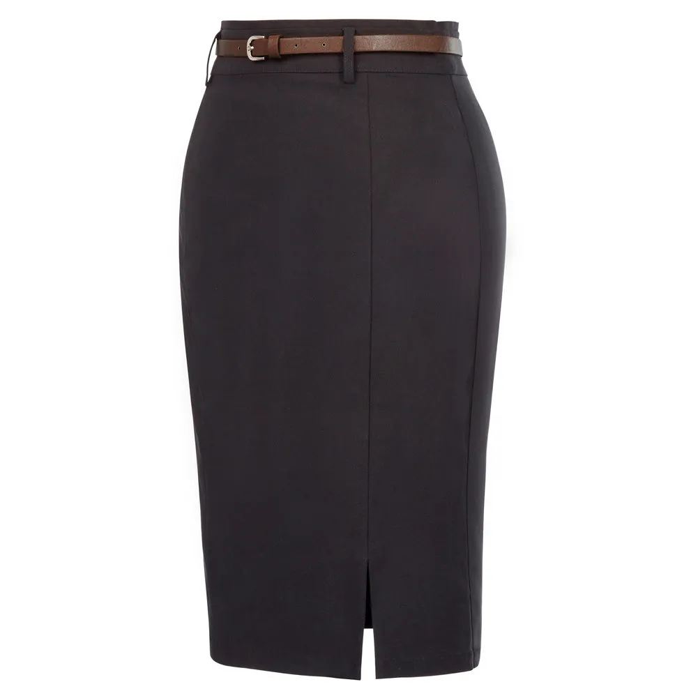 Solid Color Slim Belt Bodycon Pencil SkirtKnee Length Skirt