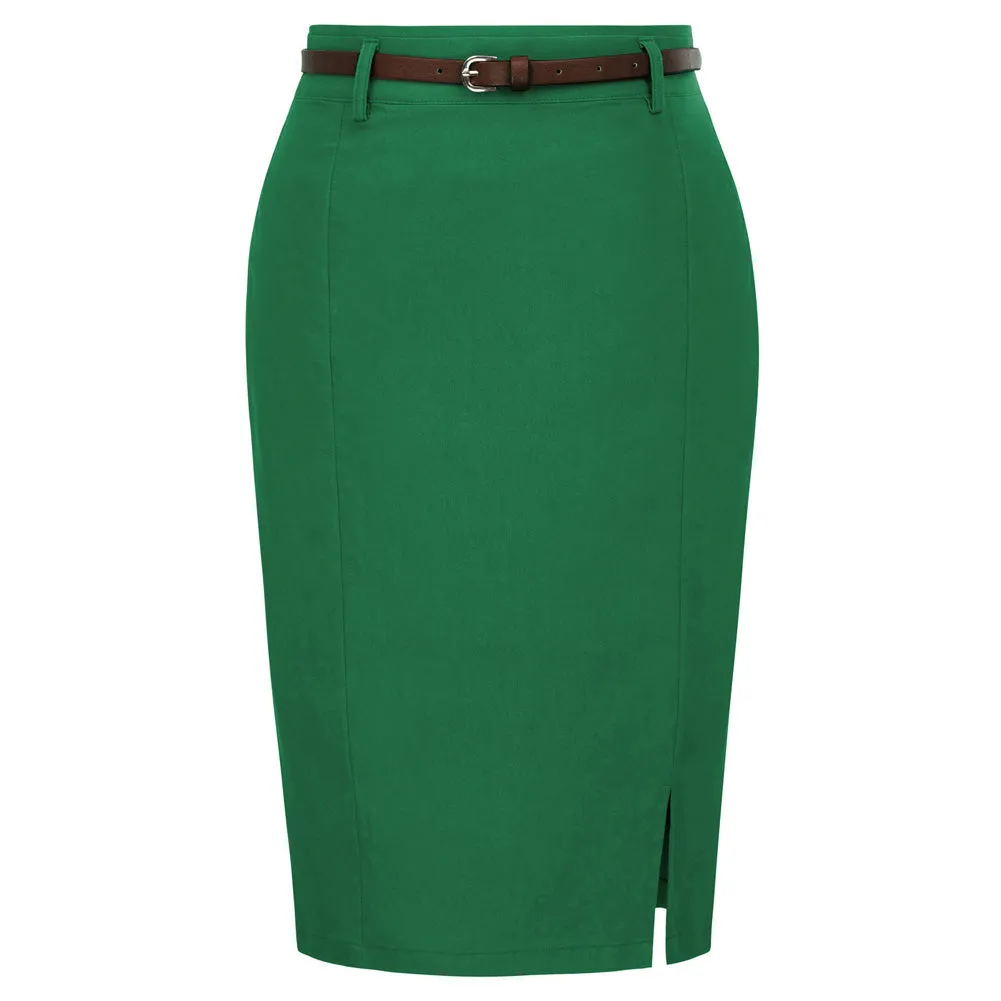 Solid Color Slim Belt Bodycon Pencil SkirtKnee Length Skirt