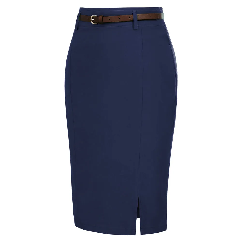 Solid Color Slim Belt Bodycon Pencil SkirtKnee Length Skirt