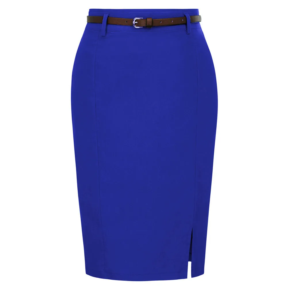 Solid Color Slim Belt Bodycon Pencil SkirtKnee Length Skirt