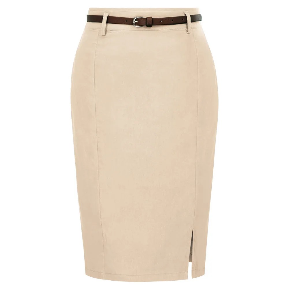 Solid Color Slim Belt Bodycon Pencil SkirtKnee Length Skirt