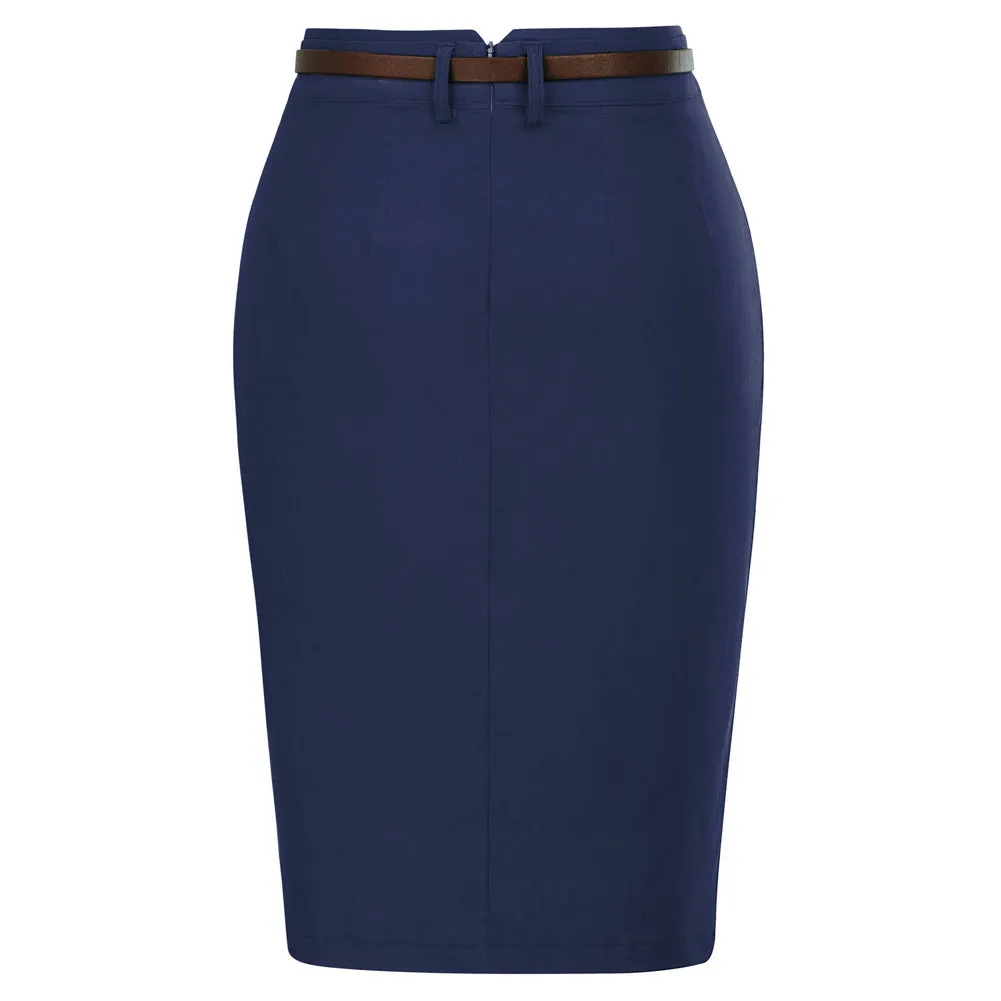 Solid Color Slim Belt Bodycon Pencil SkirtKnee Length Skirt