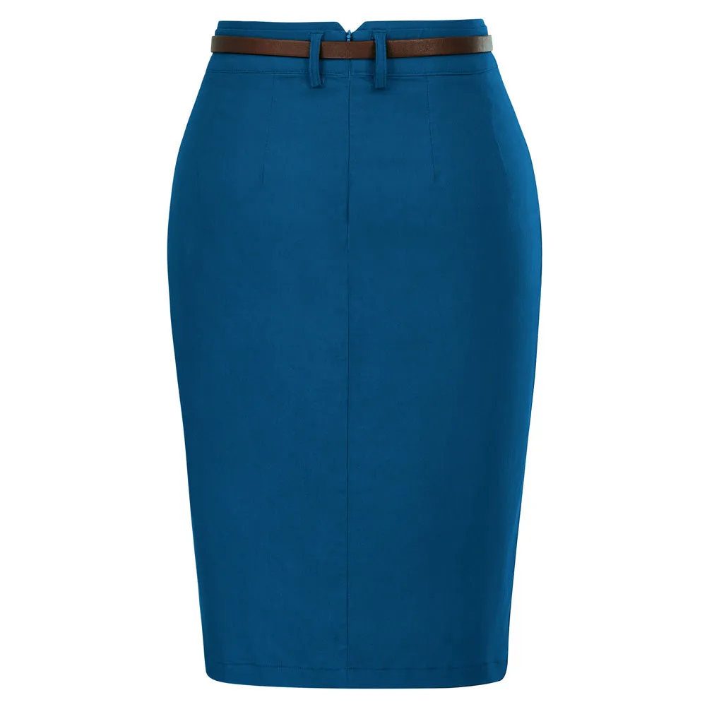 Solid Color Slim Belt Bodycon Pencil SkirtKnee Length Skirt