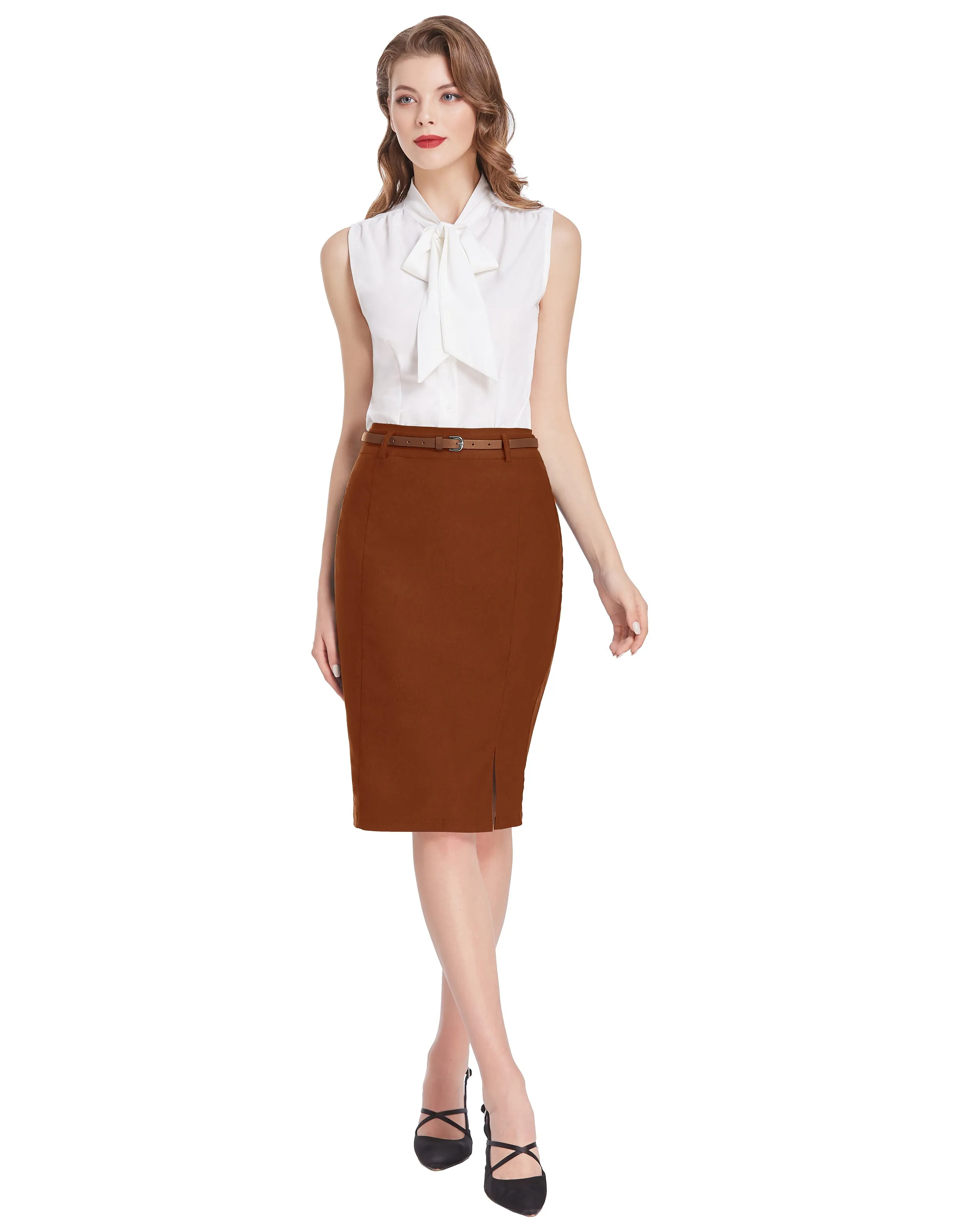 Solid Color Slim Belt Bodycon Pencil SkirtKnee Length Skirt