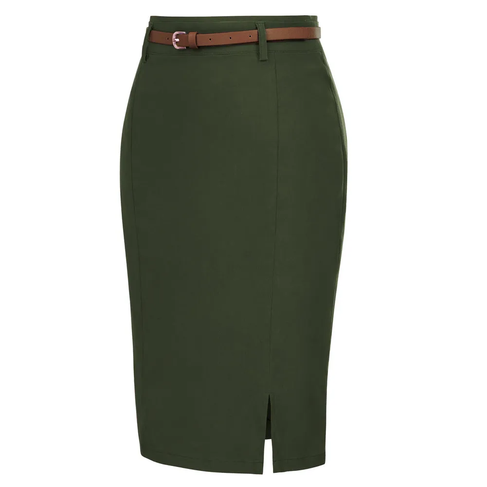 Solid Color Slim Belt Bodycon Pencil SkirtKnee Length Skirt