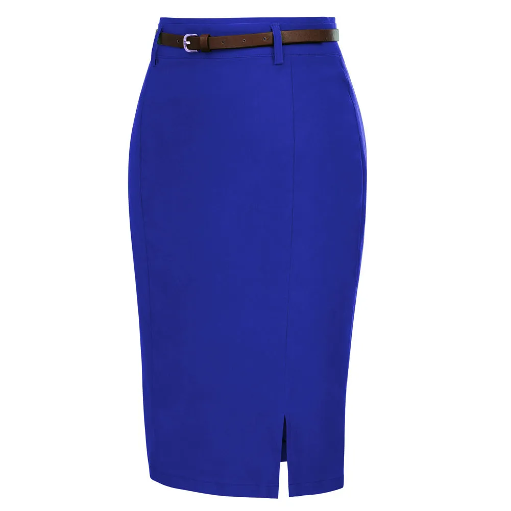 Solid Color Slim Belt Bodycon Pencil SkirtKnee Length Skirt